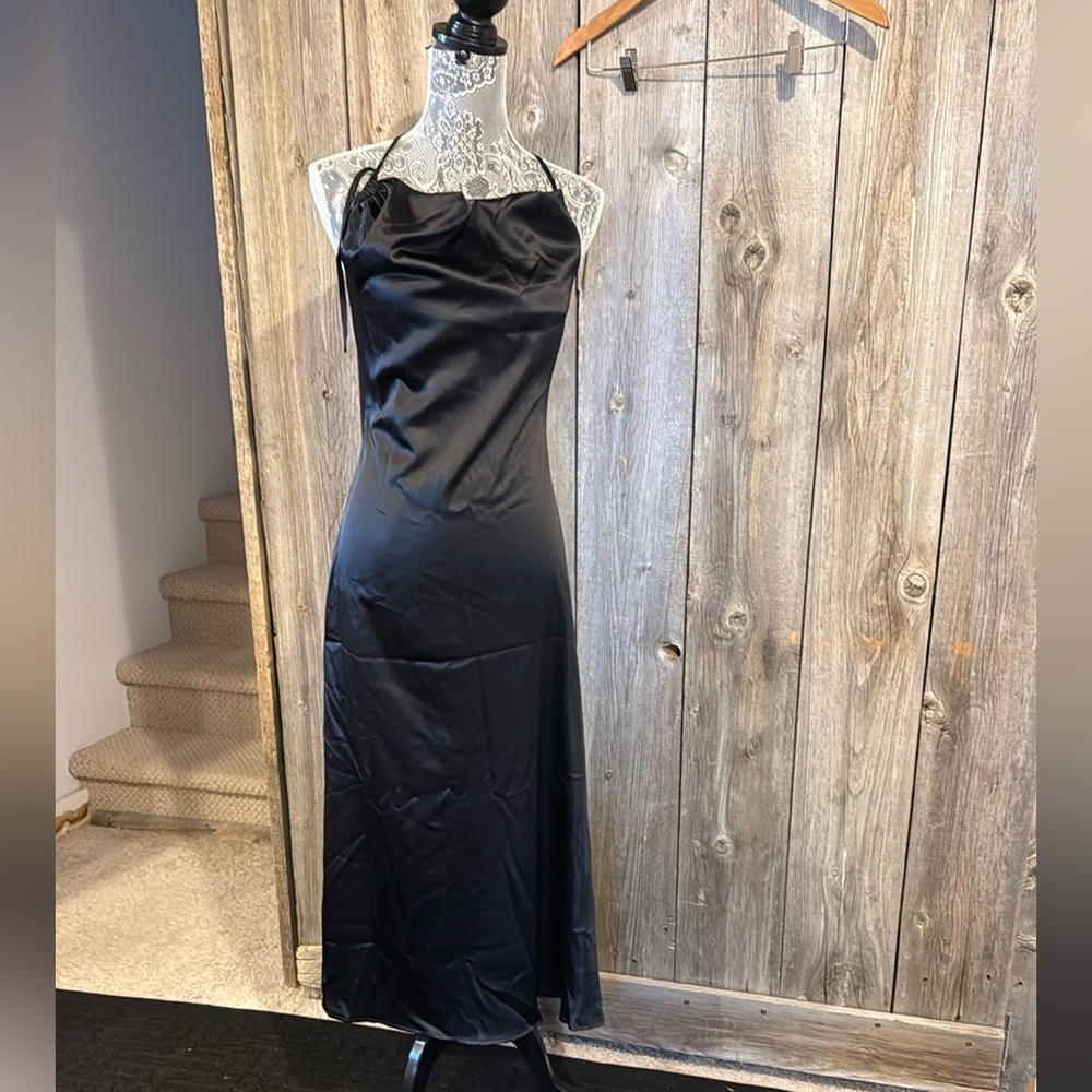 Elegant Black Satin Halter Dress size M